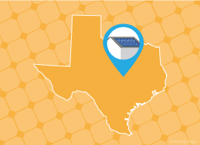 简单的德克萨斯州地图，地图别针显示安装了太阳能电池板的屋顶